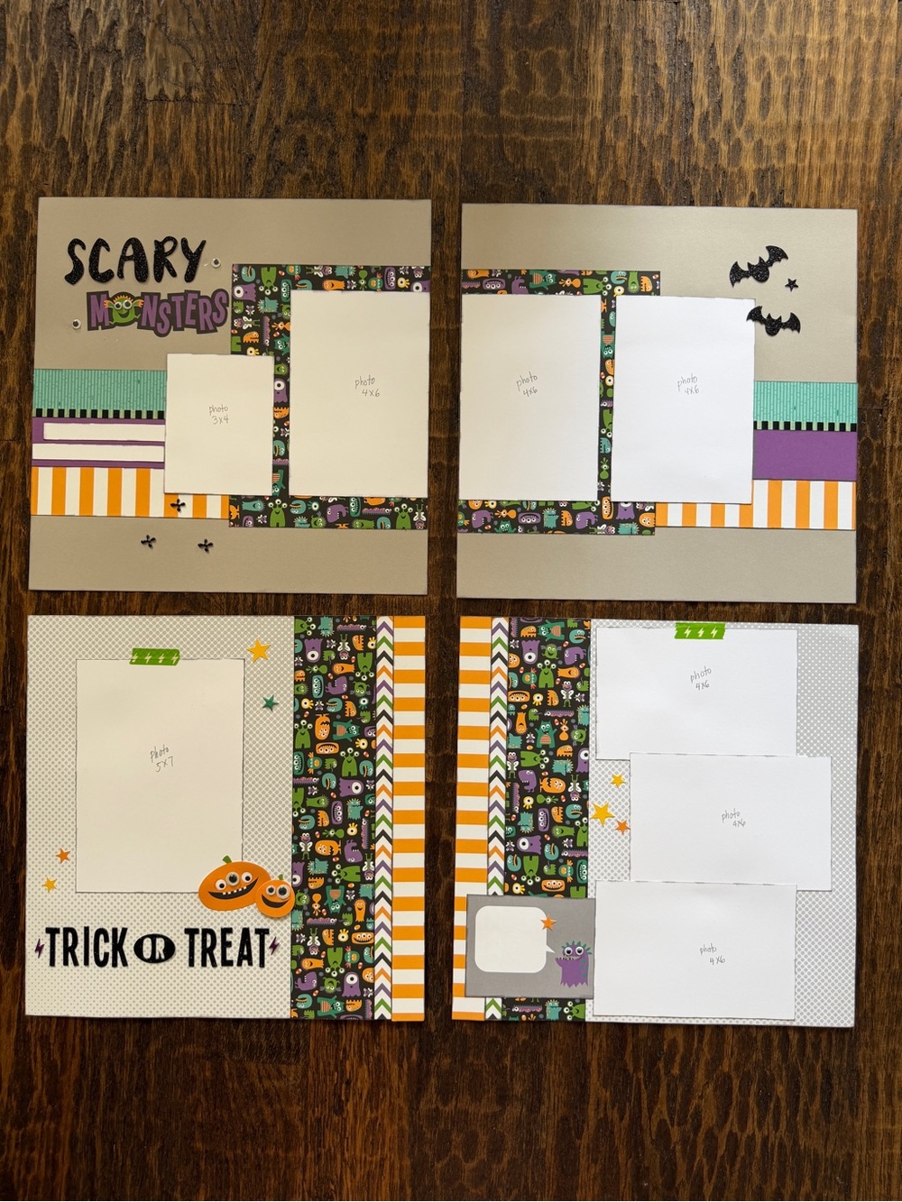 Handmade Halloween 12x12 Premade Scrapbook Page Photo Ready Embellished Set of 4